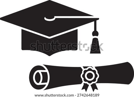 Black graduation cap and diploma scroll isolated on transparent background