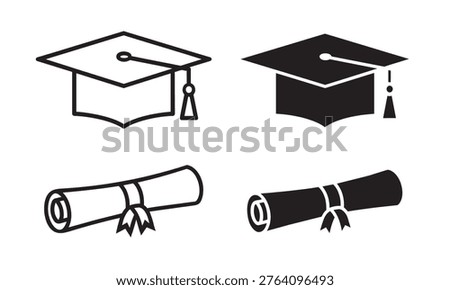 black graduation cap and diploma scroll icons for academic education design