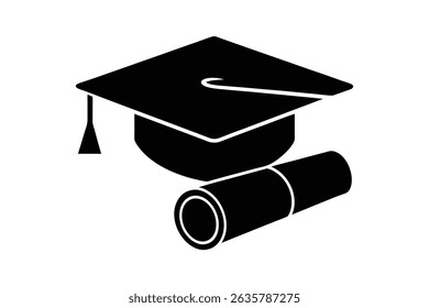 Black graduation cap and diploma silhouette vector for printable graphics