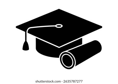 Black graduation cap and diploma silhouette vector for printable graphics