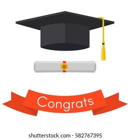 Black graduation cap and diploma. Vintage red ribbon with invitation. Vector flat illustration isolated on white background.