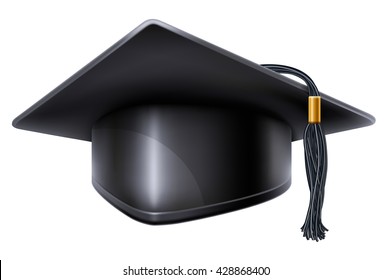 Black graduation cap with black and gold tassel. Isolated on white background. Graduation concept. Graduation icon. Vector illustration.