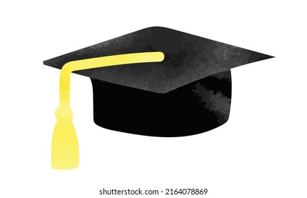 Black Graduation Cap Hand Watercolor Drawing Vector Isolated On White Background. Graduate Cap With Tassel Watercolor Clipart. Academic Hat Watercolor Artistic Clipart