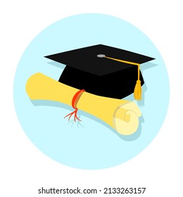Black graduation cap or hat with yellow rolled paper diploma scroll tied with red ribbons, flat vector style on sky blue circle background. Icon illustration of graduation concept