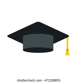 Black graduation cap icon in flat style on a white background