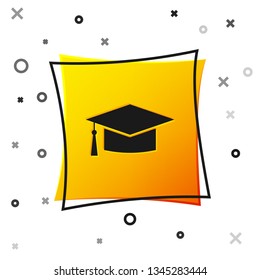 Black Graduation cap icon isolated on white background. Graduation hat with tassel icon. Yellow square button. Vector Illustration