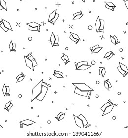 Black Graduation Cap Icon Isolated Seamless Pattern On White Background. Graduation Hat With Tassel Icon. Vector Illustration