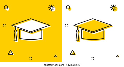 Black Graduation cap icon isolated on yellow and white background. Graduation hat with tassel icon. Random dynamic shapes. Vector Illustration