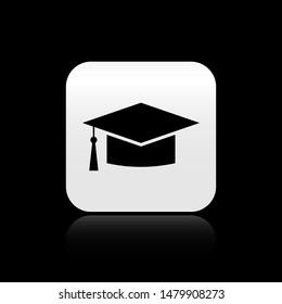 Black Graduation cap icon isolated on black background. Graduation hat with tassel icon. square button. Vector Illustration