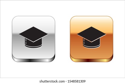 Black Graduation cap icon isolated on white background. Graduation hat with tassel icon. Silver-gold square button. Vector Illustration