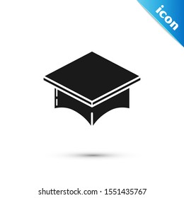 Black Graduation cap icon isolated on white background. Graduation hat with tassel icon.  Vector Illustration