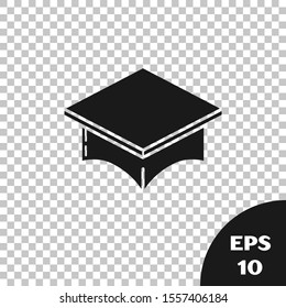 Black Graduation cap icon isolated on transparent background. Graduation hat with tassel icon.  Vector Illustration