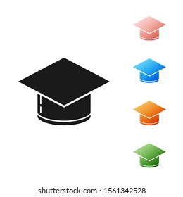 Black Graduation cap icon isolated on white background. Graduation hat with tassel icon. Set icons colorful. Vector Illustration