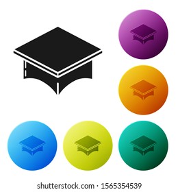 Black Graduation cap icon isolated on white background. Graduation hat with tassel icon. Set icons colorful circle buttons. Vector Illustration