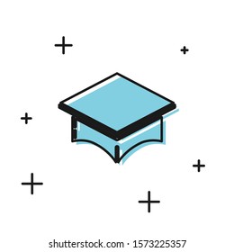 Black Graduation cap icon isolated on white background. Graduation hat with tassel icon.  Vector Illustration