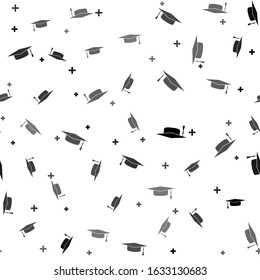 Black Graduation cap icon isolated seamless pattern on white background. Graduation hat with tassel icon. Vector Illustration