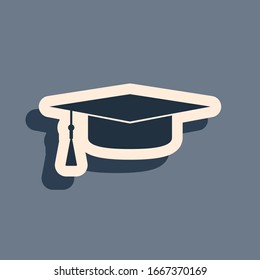 Black Graduation cap icon isolated on grey background. Graduation hat with tassel icon. Long shadow style. Vector Illustration