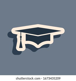 Black Graduation cap icon isolated on grey background. Graduation hat with tassel icon. Long shadow style. Vector Illustration