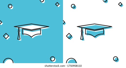 Black Graduation cap icon isolated on blue and white background. Graduation hat with tassel icon. Random dynamic shapes. Vector Illustration