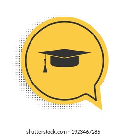 Black Graduation cap icon isolated on white background. Graduation hat with tassel icon. Yellow speech bubble symbol. Vector