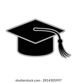 A black graduation cap icon with a tassel, symbolising academic success, university completion, degree attainment, learning, scholarship, and educational milestones.