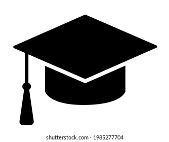 Black graduation cap isolated on a white background. Hat silhouette icon. Education symbol, mortarboard or graduation cap. Student accessory. Laconic flat style. Vector stock illustration.