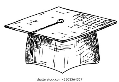 Black graduation cap isolated on white background. Ink hand drawn. Hat vector illustration in sketch style. Academic education symbol, high school bachelor headwear.