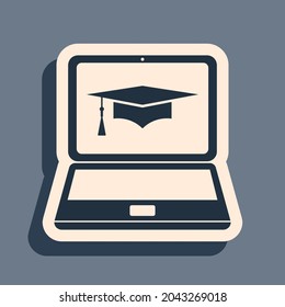 Black Graduation cap and laptop icon. Online learning or e-learning concept icon isolated on grey background. Long shadow style. Vector Illustration