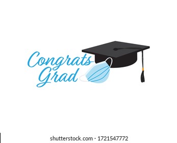 Black Graduation Cap, Light Blue Face Mask and Text Congrats Grad on White Background