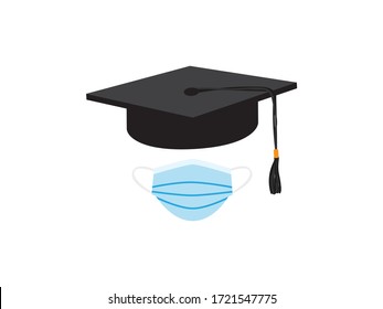 Black Graduation Cap and Light Blue Face Mask on White Background