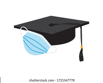 Black Graduation Cap and Light Blue Face Mask on White Background