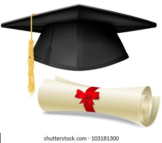 Black graduation cap, mortarboard and diploma scroll, made with gradient mesh