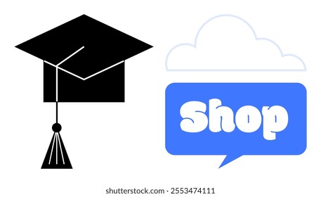 Black graduation cap next to blue speech bubble saying Shop over a white cloud outline. Ideal for educational services online shopping e-learning graduation gift stores and educational advertising