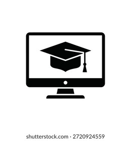 Gorra de graduación negra en el contorno del monitor de la computadora blanco