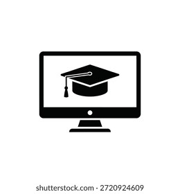 Gorra de graduación negra en el monitor de la computadora educación blanca