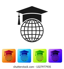 Black Graduation cap on globe icon isolated on white background. World education symbol. Online learning or e-learning concept. Set icon in color square buttons. Vector Illustration