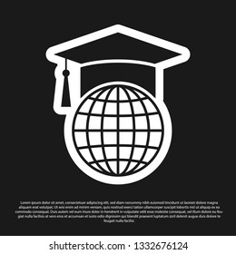 Black Graduation cap on globe icon isolated on black background. World education symbol. Online learning or e-learning concept. Vector Illustration
