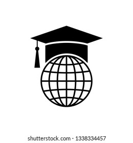 Black Graduation cap on globe icon isolated on white background. World education symbol. Online learning or e-learning concept. Vector Illustration