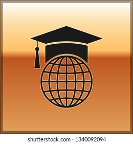 Black Graduation cap on globe icon isolated on gold background. World education symbol. Online learning or e-learning concept. Vector Illustration