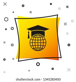 Black Graduation cap on globe icon isolated on white background. World education symbol. Online learning or e-learning concept. Yellow square button. Vector Illustration