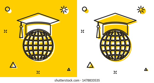 Black Graduation cap on globe icon isolated on yellow and white background. World education symbol. Online learning or e-learning concept. Random dynamic shapes. Vector Illustration