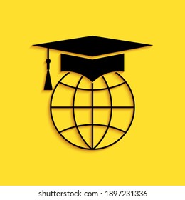 Black Graduation cap on globe icon isolated on yellow background. World education symbol. Online learning or e-learning concept. Long shadow style. Vector.