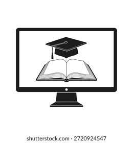 Gorra de graduación negra en el libro abierto que se muestra en el monitor de la computadora Educación en blanco y negro