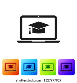 Black Graduation cap on screen laptop icon isolated on white background. Online learning or e-learning concept. Set icon in color square buttons. Vector Illustration