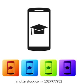 Black Graduation cap on screen smartphone icon isolated on white background. Online learning or e-learning concept. Set icon in color square buttons. Vector Illustration