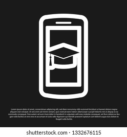Black Graduation cap on screen smartphone icon isolated on black background. Online learning or e-learning concept. Vector Illustration