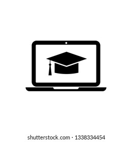 Black Graduation cap on screen laptop icon isolated on white background. Online learning or e-learning concept. Vector Illustration