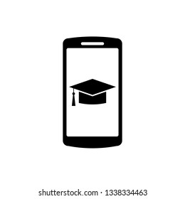 Black Graduation cap on screen smartphone icon isolated on white background. Online learning or e-learning concept. Vector Illustration
