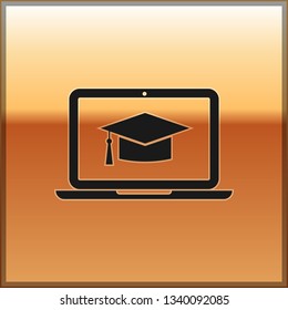Black Graduation cap on screen laptop icon isolated on gold background. Online learning or e-learning concept. Vector Illustration