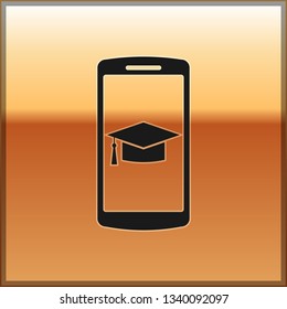 Black Graduation cap on screen smartphone icon isolated on gold background. Online learning or e-learning concept. Vector Illustration
